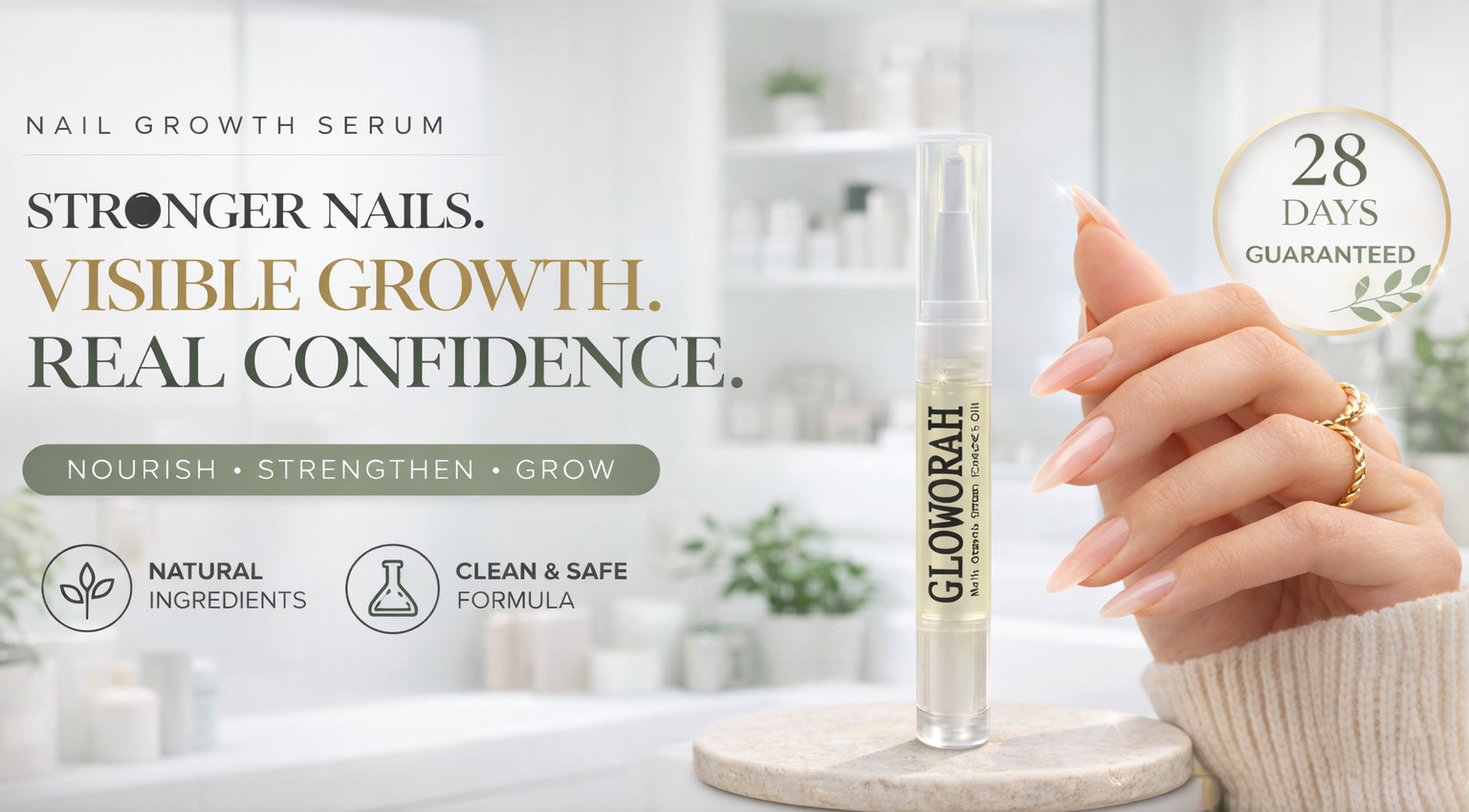 Gloworah nail growth serum with a hand holding a bottle, set against a blurred indoor background.
